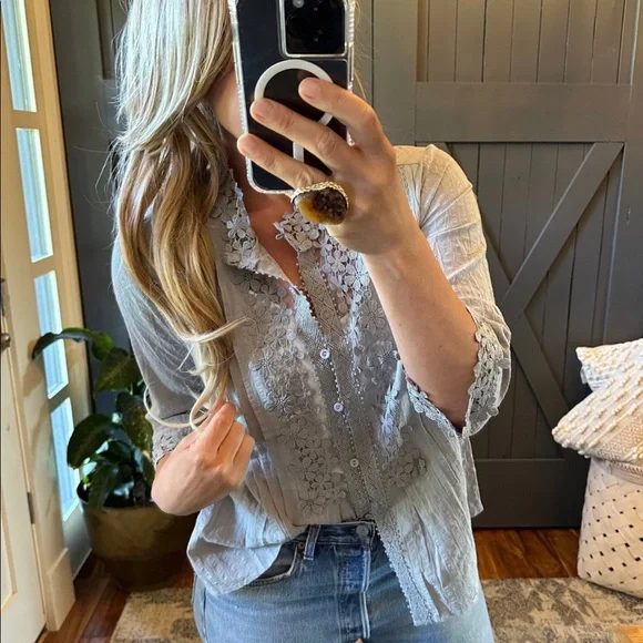 New Bohemian Grey Lace 3/4 Sleeve Button Front Floral Romantic Blouse Top - Picture 6 of 11